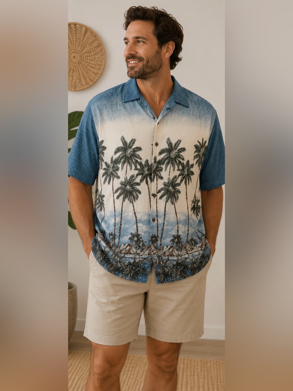 645 reyn spooner blue and cream palm-print button-down shirt